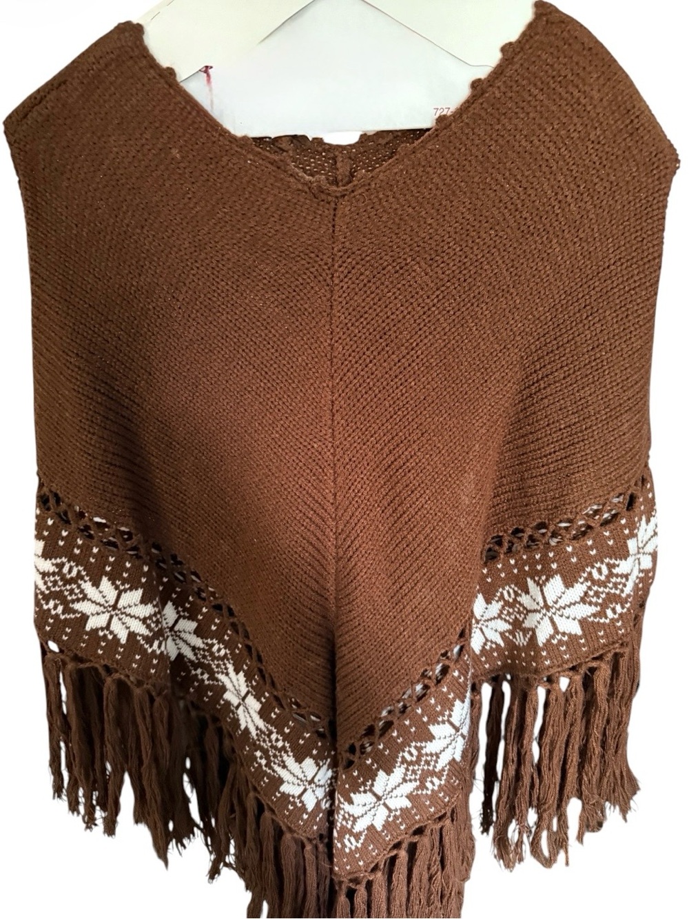 Brown Fringe Knit Poncho Sweater with White Snowflake Detail OS 100% acrylic